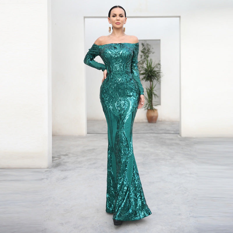 Cocktail Evening Dress off-Shoulder Long Sleeve Retro Sequined Fishtail Dress - Fashionpara