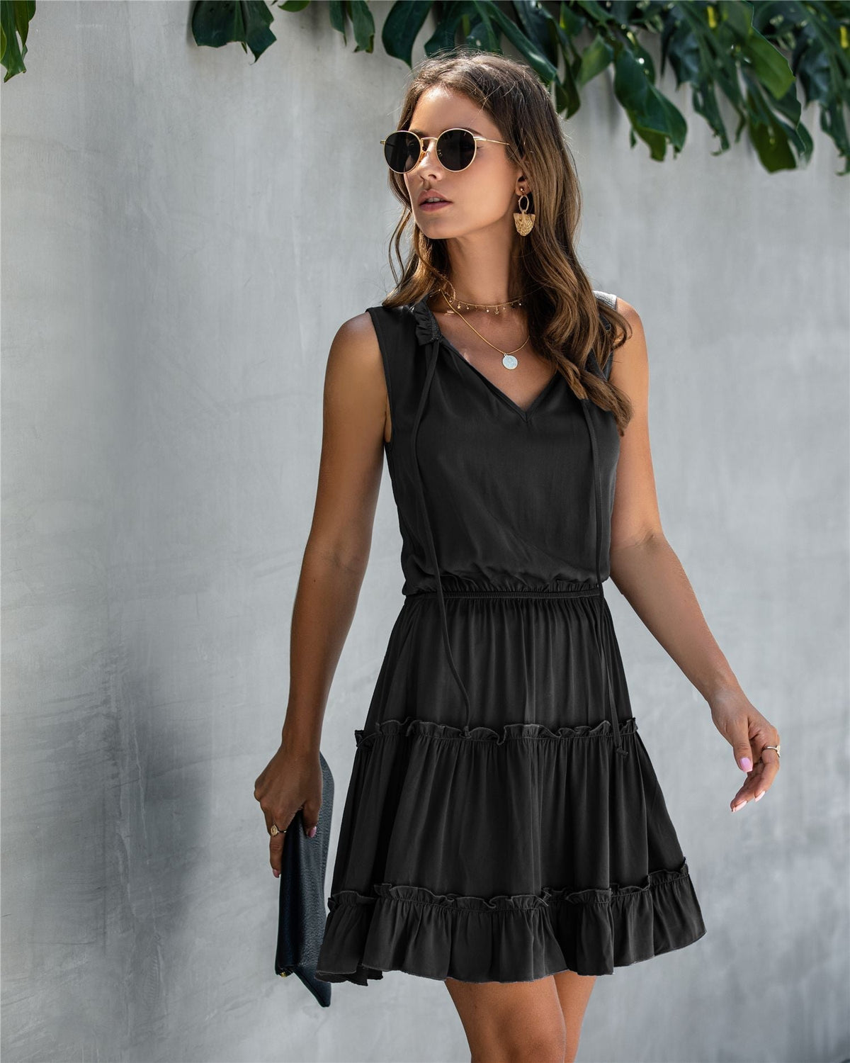 V-Neck Sleeveless Tiered Ruffle Mini Dress