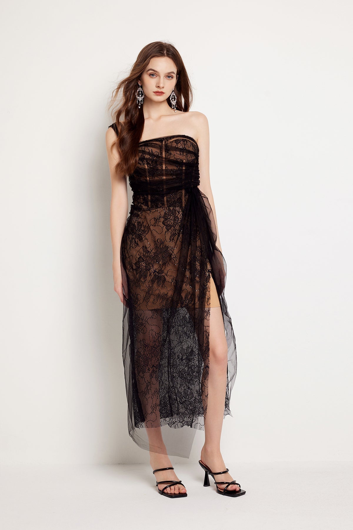 Floral Lace Strapless Tulle Drape Wrap Tie Sheer Midi Dress - View 8