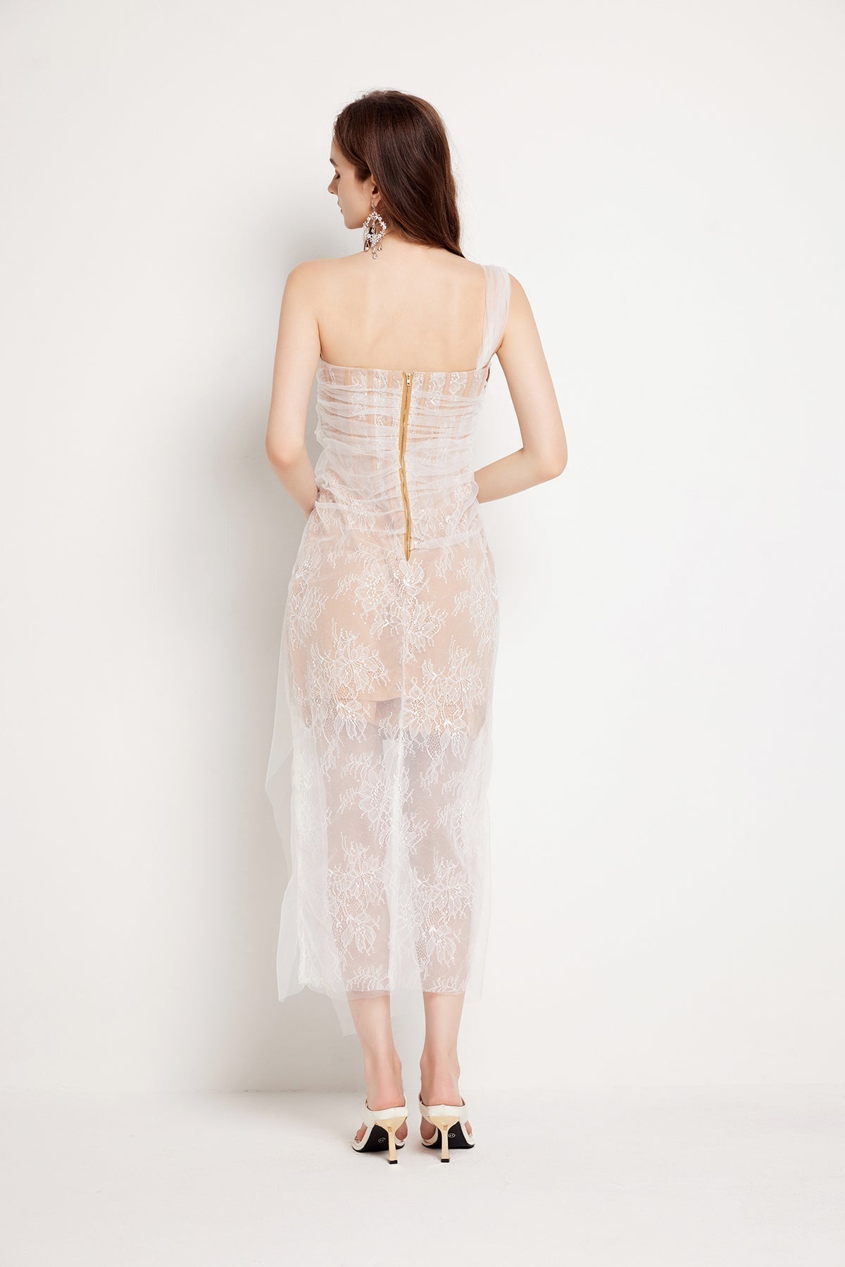 Floral Lace Strapless Tulle Drape Wrap Tie Sheer Midi Dress - View 2