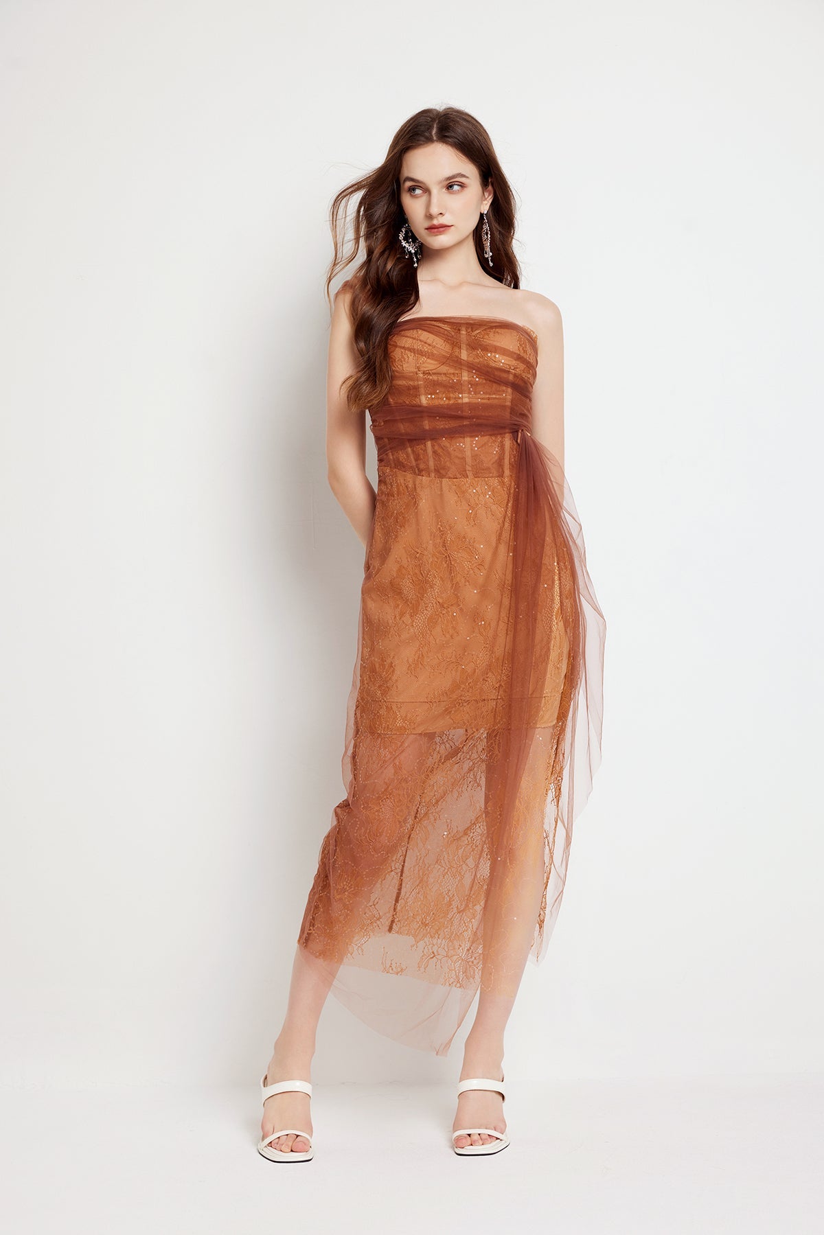 Floral Lace Strapless Tulle Drape Wrap Tie Sheer Midi Dress - View 4