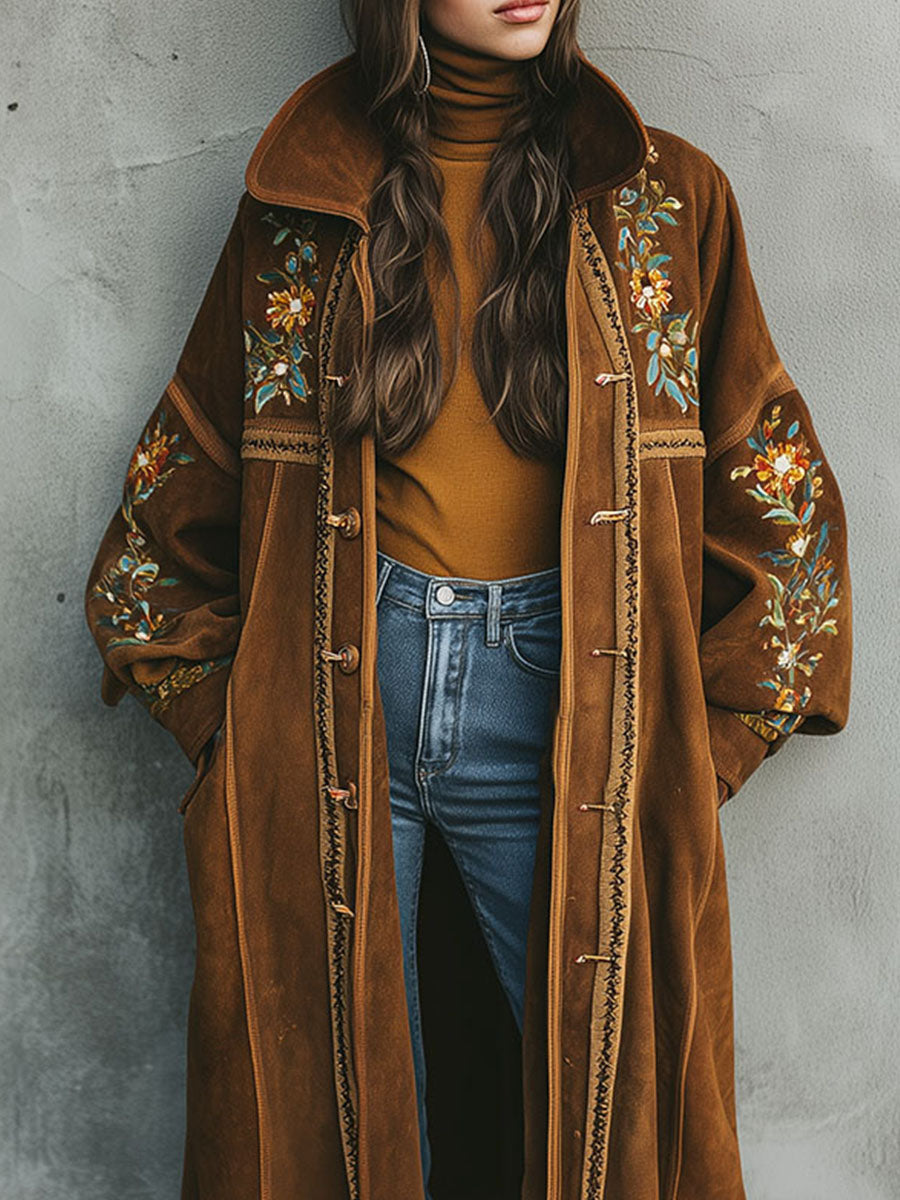 Boho Floral Embroidery Wide Collar Microsuede Long Coat - Fashionpara