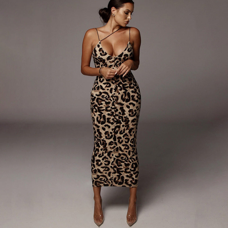 Leopard Print Sleeveless V Neck Midi Dress