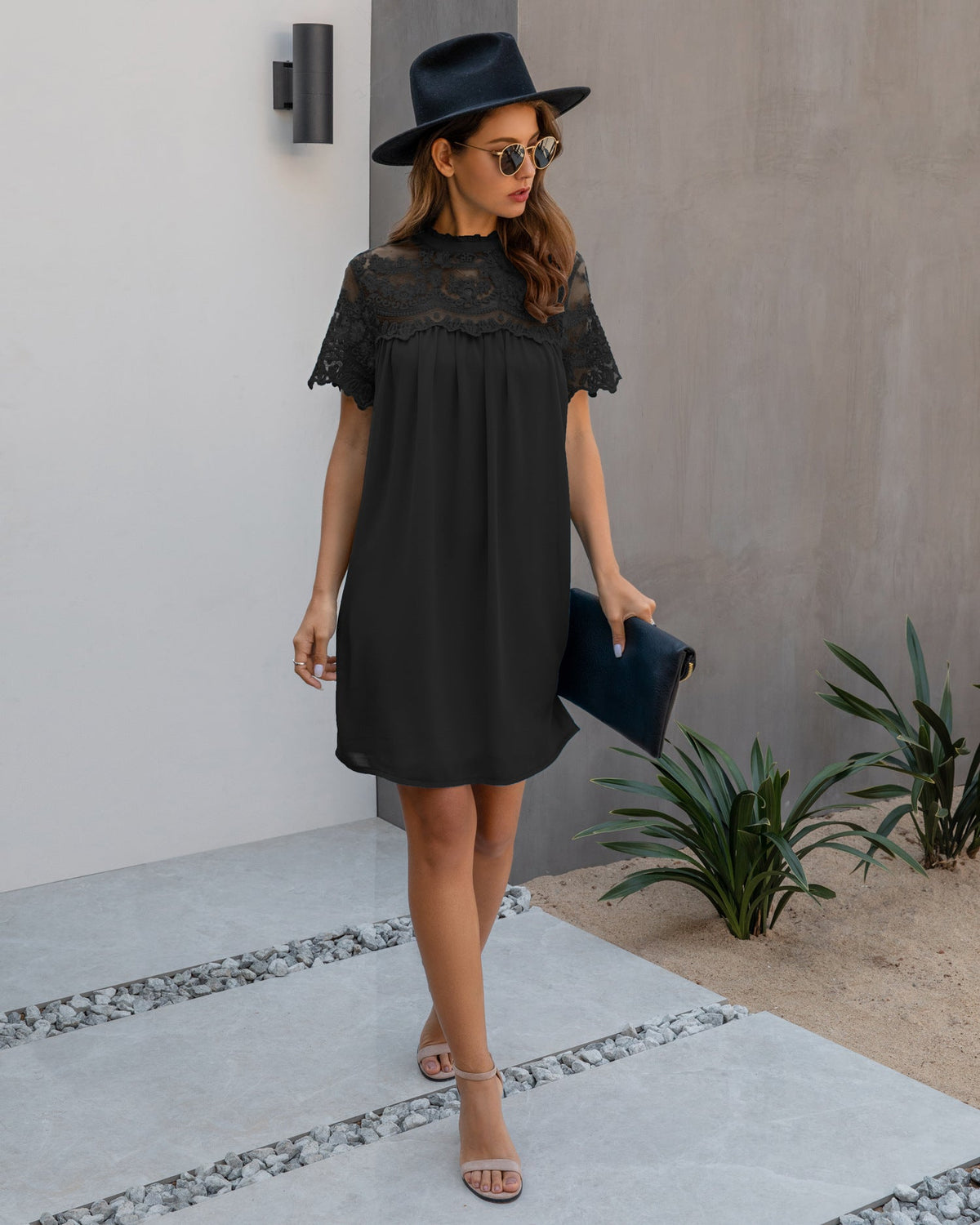 Lace Yoke High Neck Short Sleeve Shift Mini Dress