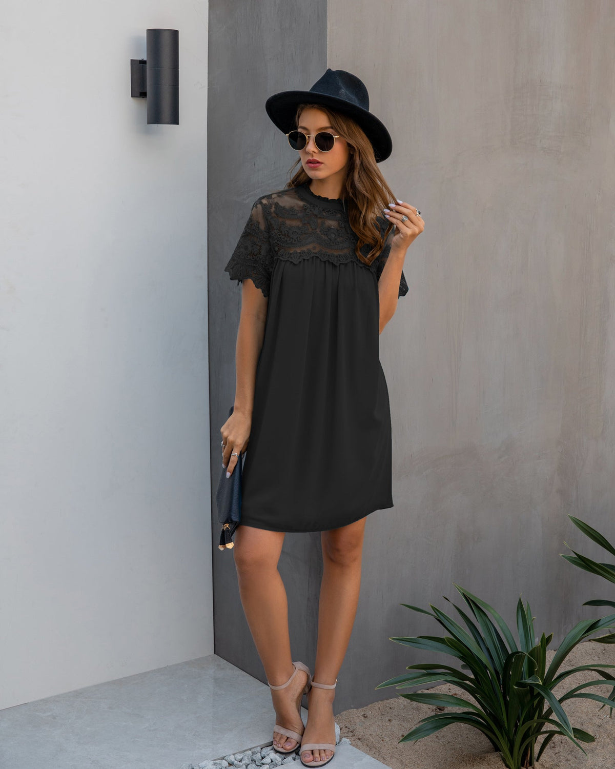 Lace Yoke High Neck Short Sleeve Shift Mini Dress