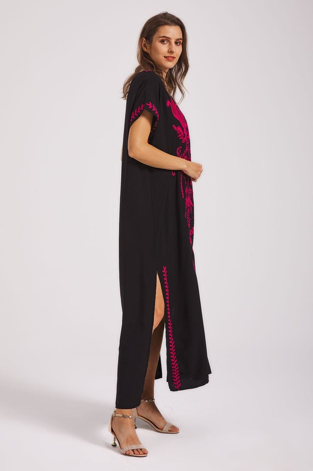 Embroidered V-Neck Short-Sleeve Kaftan Maxi Dress 27