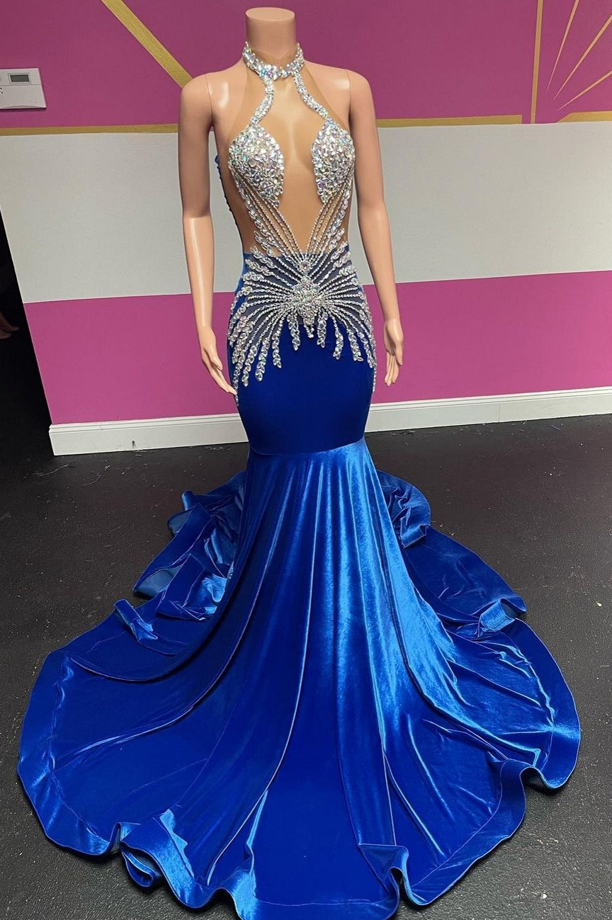 Designer Long Royal Blue Halter Velvet Mermaid Silver Beaded Prom Party Dresses - Fashionpara
