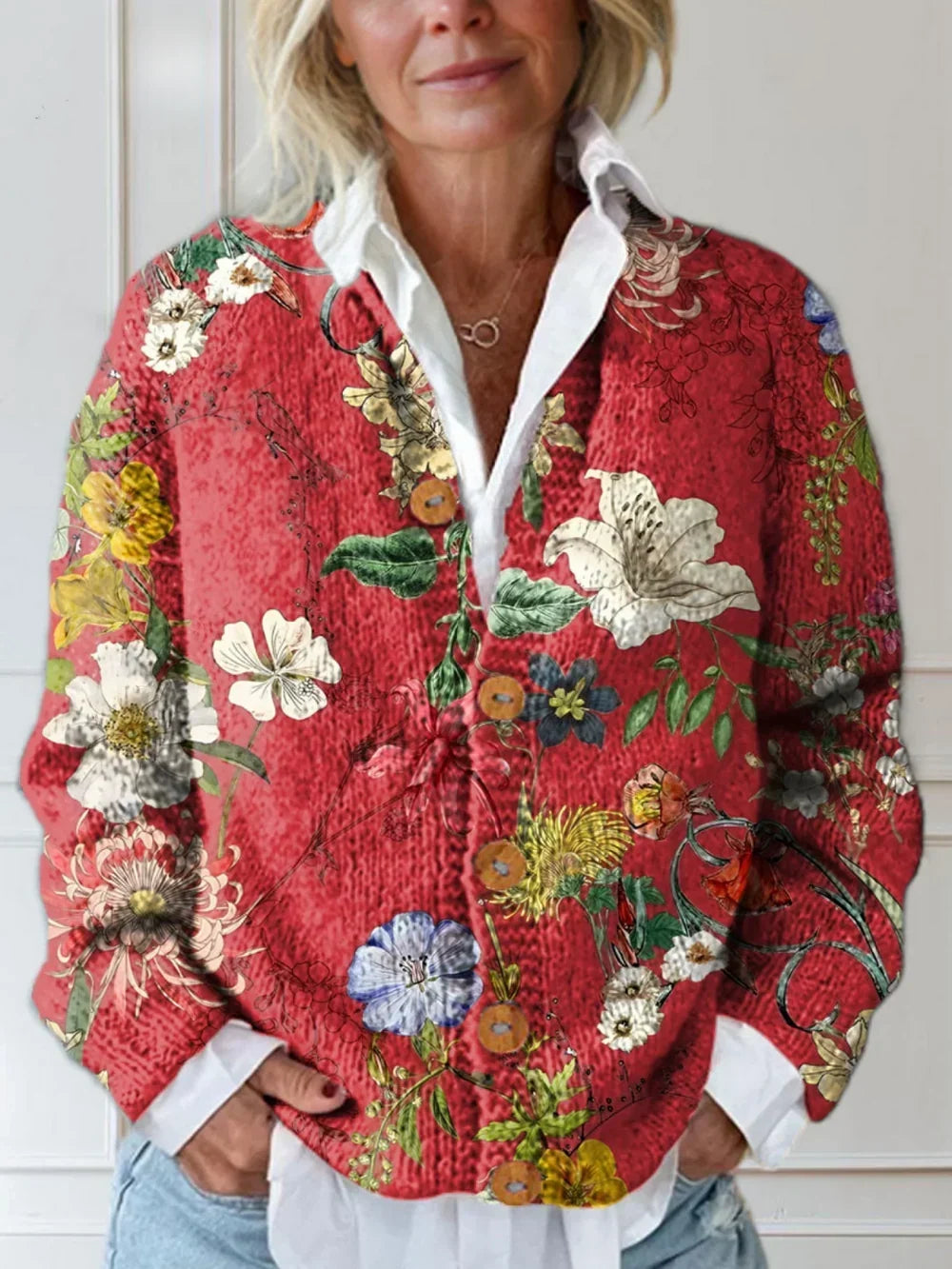 Floral Print Lapel Collar Button Front Knit Cardigan