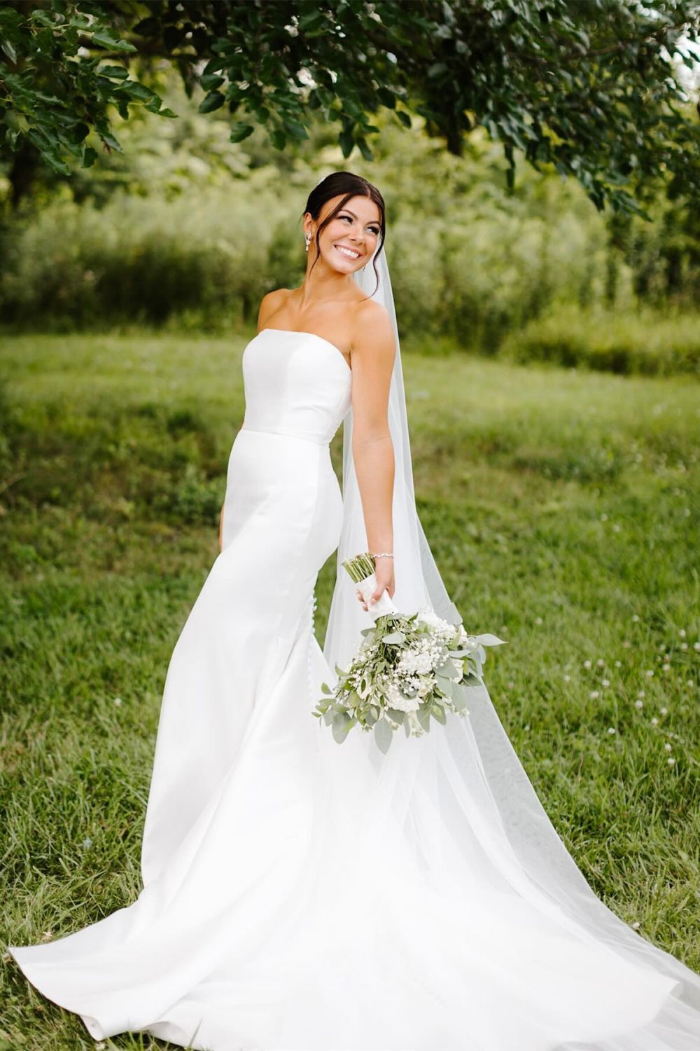 Beautiful A Line Strapless Mermaid White Long Bridal Dress with Button Up - Fashionpara