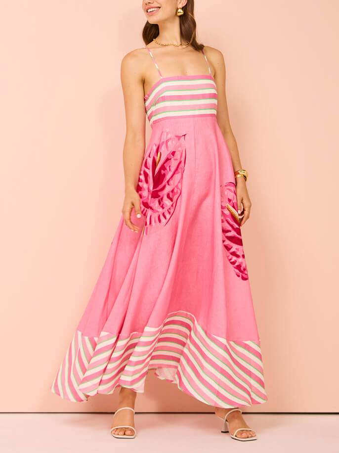 Striped Floral-Panel Straight-Neck Spaghetti-Strap Maxi Dress
