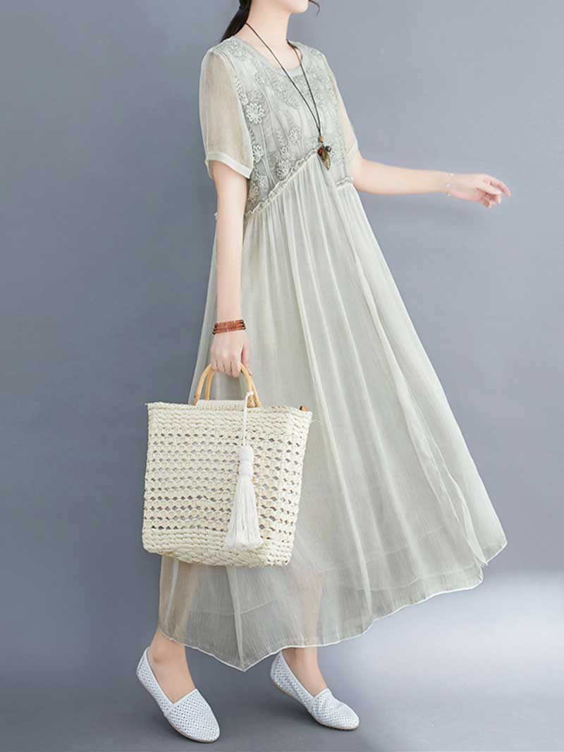Embroidered Silk Round-Neck A-Line Dress - Fashionpara