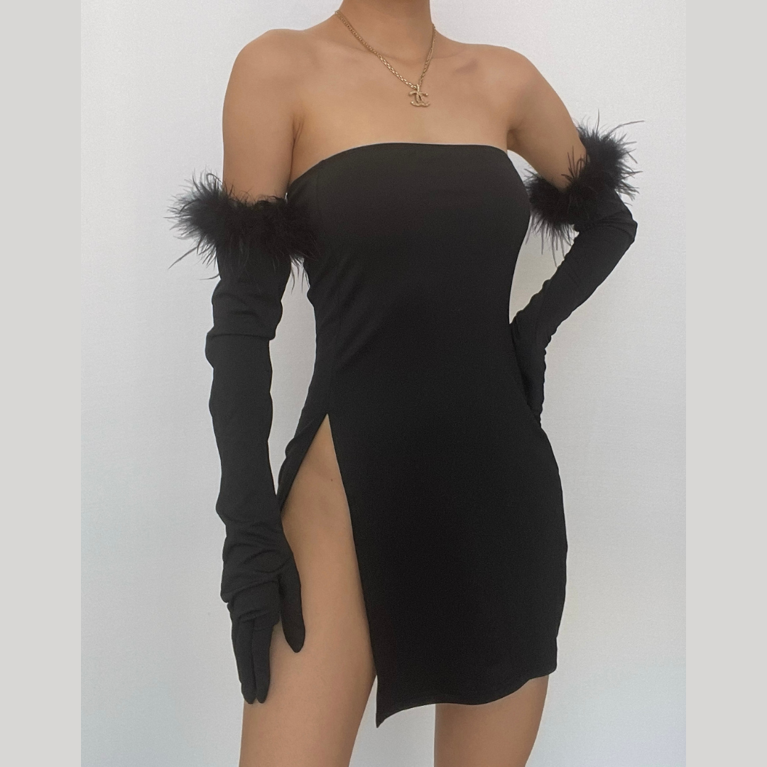 Feather solid slit backless gloves tube mini dress - View 2