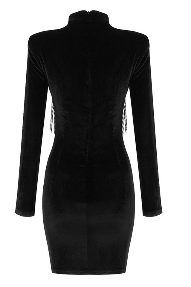 Velvet High Neck Long Sleeve Fringe Bodycon Mini Dress