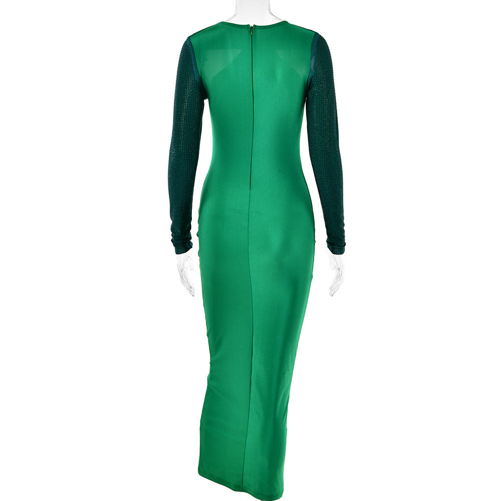 Rhinestone One-Sleeve Cutout Bodycon Maxi Dress 10