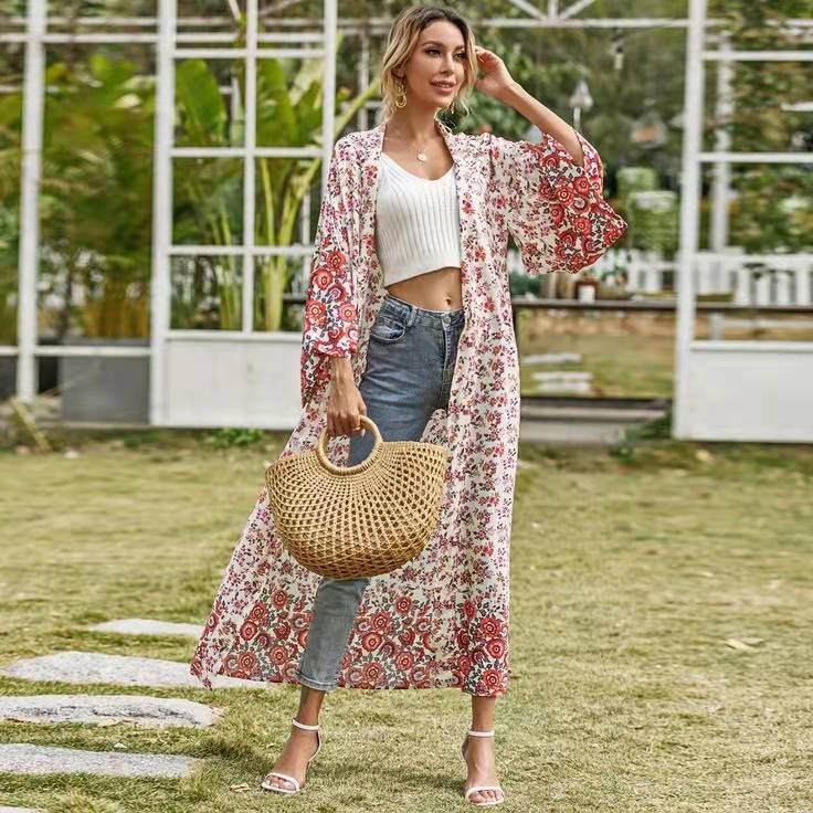 Bridal Party Wear Long Length With Floral Print Red Color Cotton Gown Kimono Duster - Fashionpara
