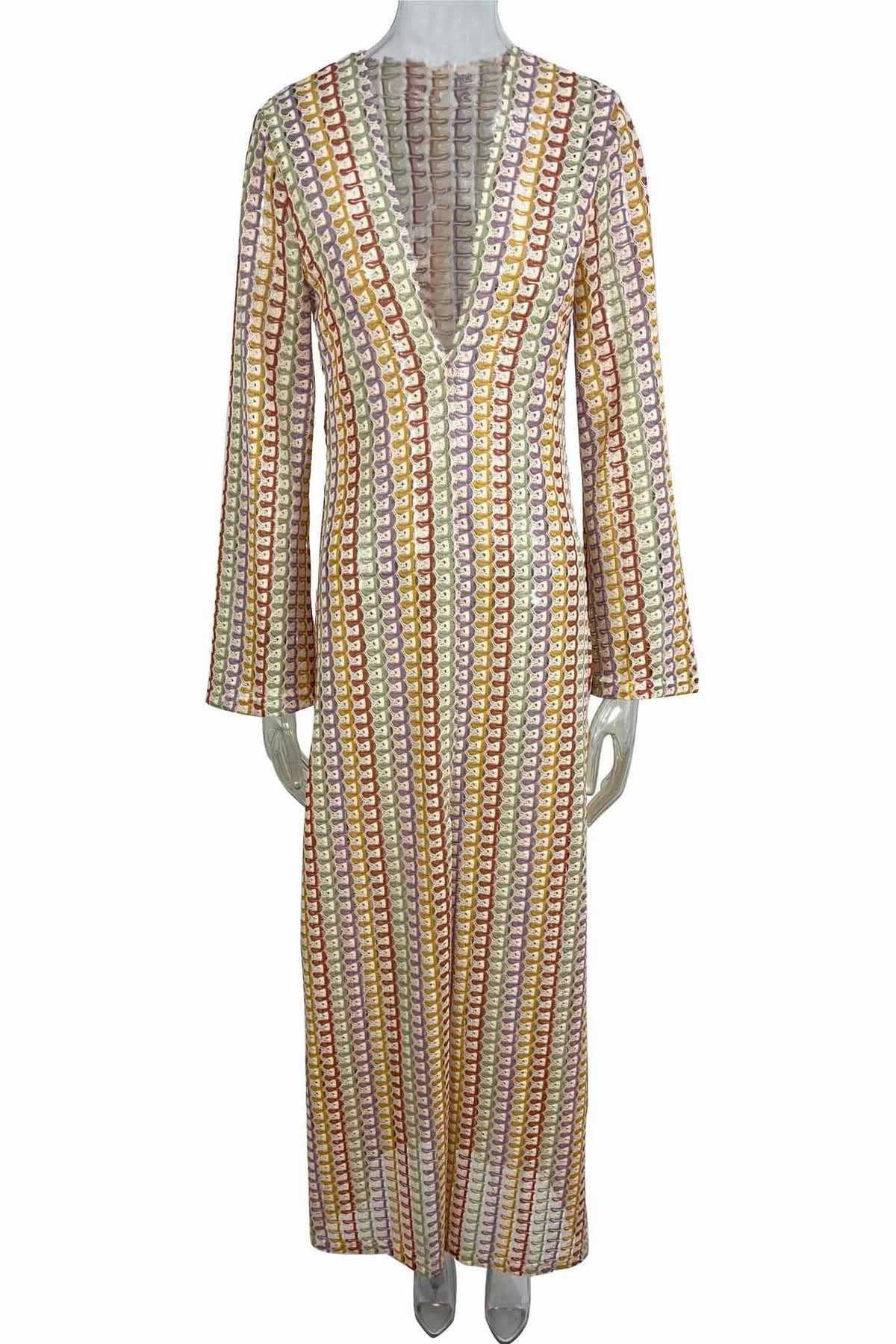 Crochet Deep V-Neck Long Sleeve Striped Boho Maxi Dress - View 20
