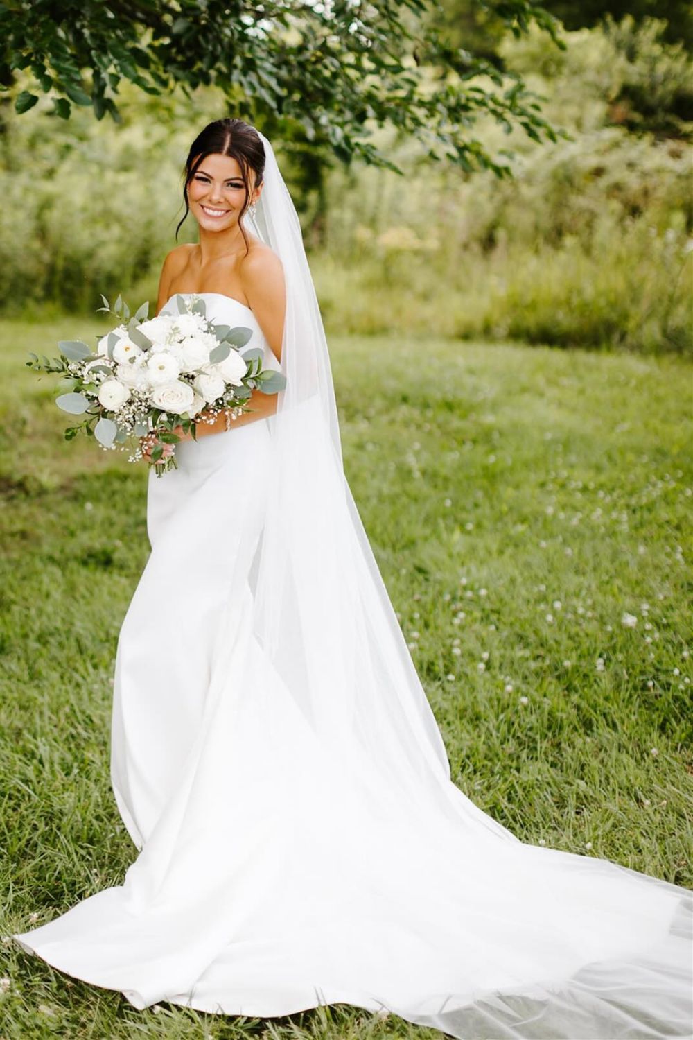 Beautiful A Line Strapless Mermaid White Long Bridal Dress with Button Up - Fashionpara