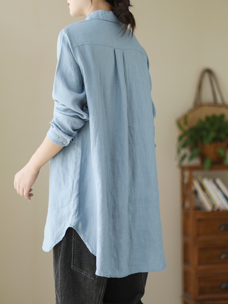 Casual Long-Sleeved Shirt Loose Mid-Length Button Shirt Top With Pocket - Fashionpara