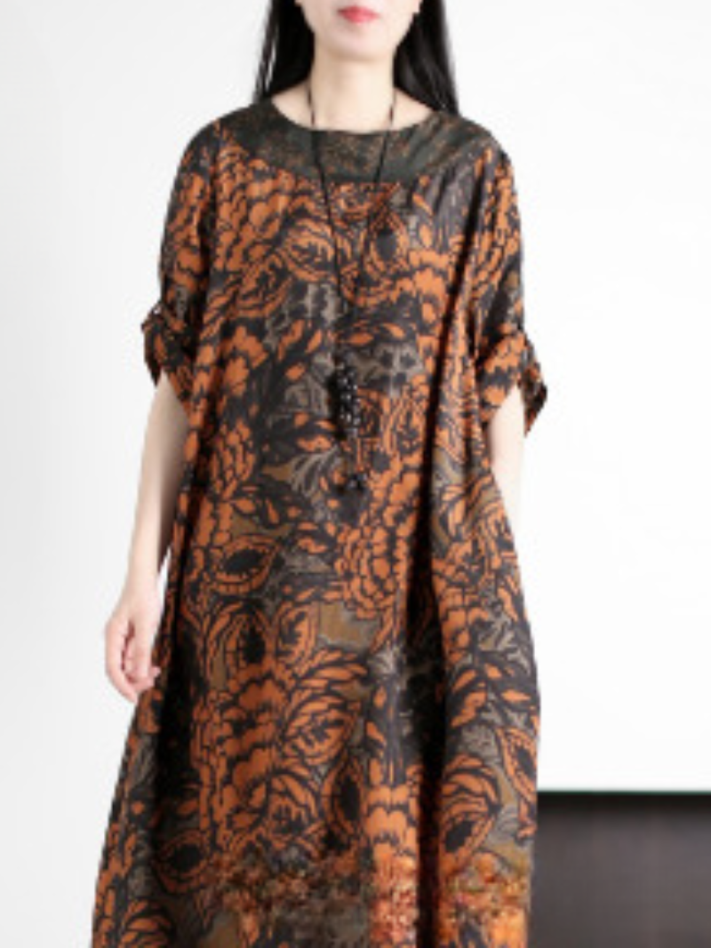 Floral Damask Round-Neck Batwing Loose A-Line Maxi Dress 3
