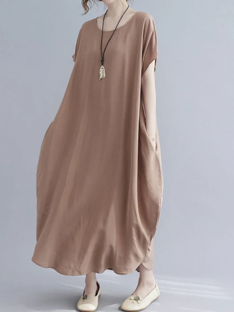 Cotton Round Neck Short Sleeve Cocoon Midi Dress 16