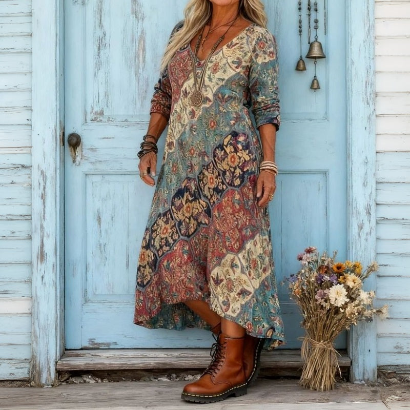 Boho Tapestry Print V-Neck Long Sleeve Maxi Dress 3