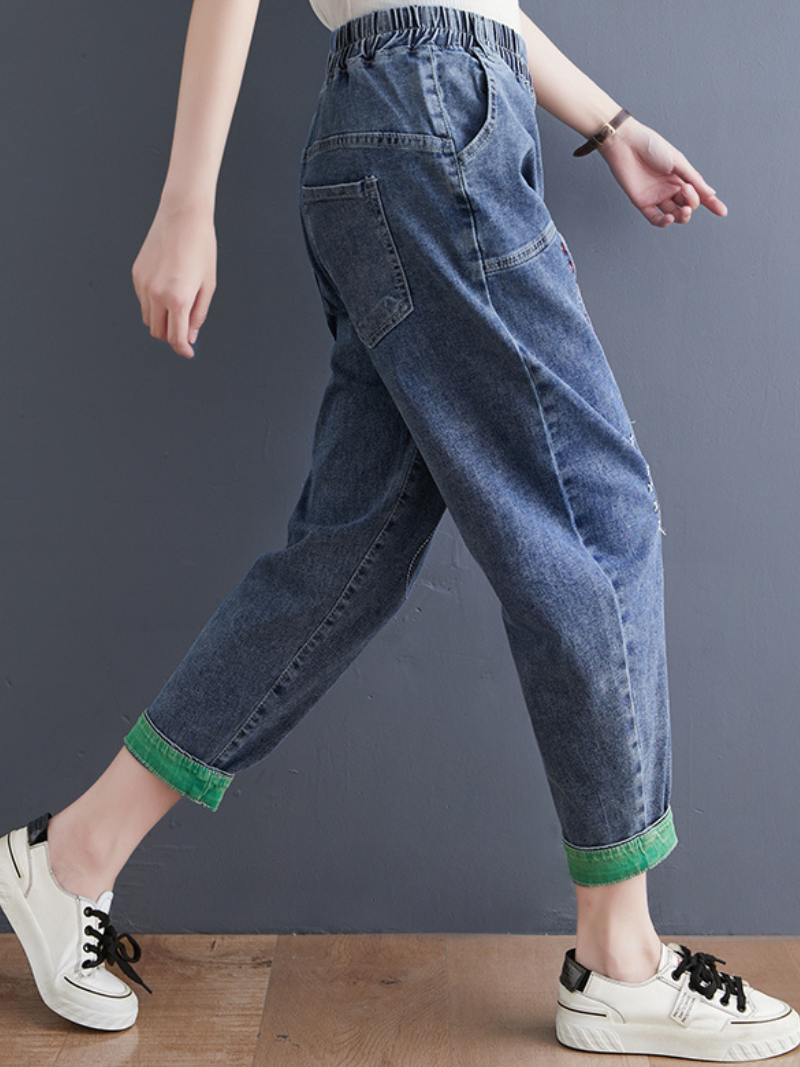 Denim Casual Western Style Loose Large High Waist Denim Pants - Fashionpara