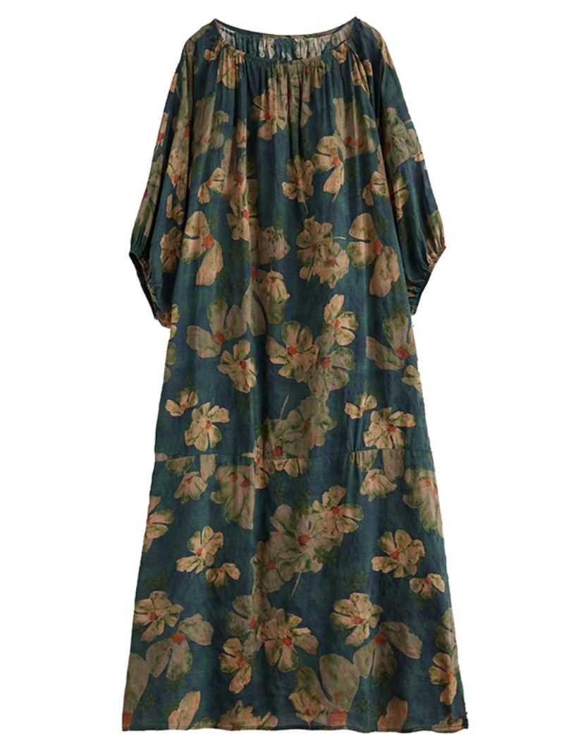Abstract Floral Round Neck Lantern-Sleeve Loose Maxi Dress 4