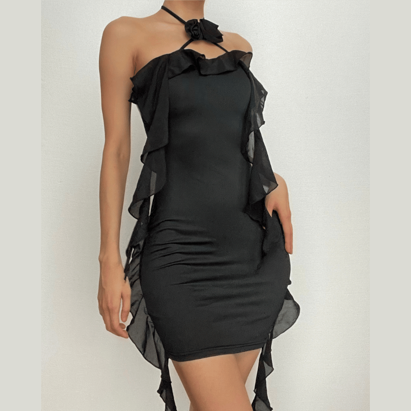 Halter Neck Flower Applique Ruffle Bodycon Mini Dress