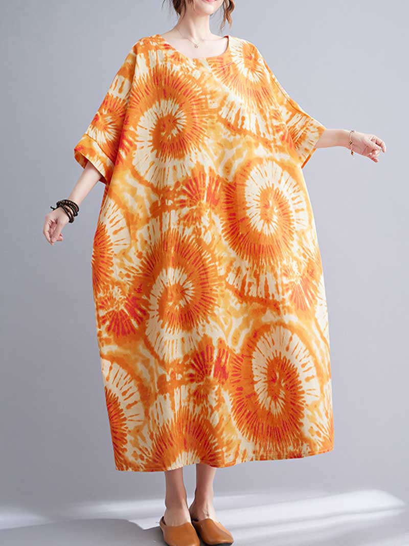 Tie-Dye Print Round Neck Short Sleeve Cocoon Midi Dress 6
