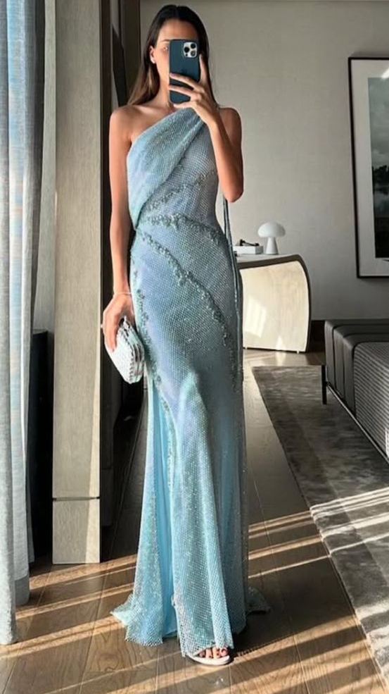 One Shoulder Blue Prom Dress Graduation Dress 22nd Birthday Outfit - Fashionpara