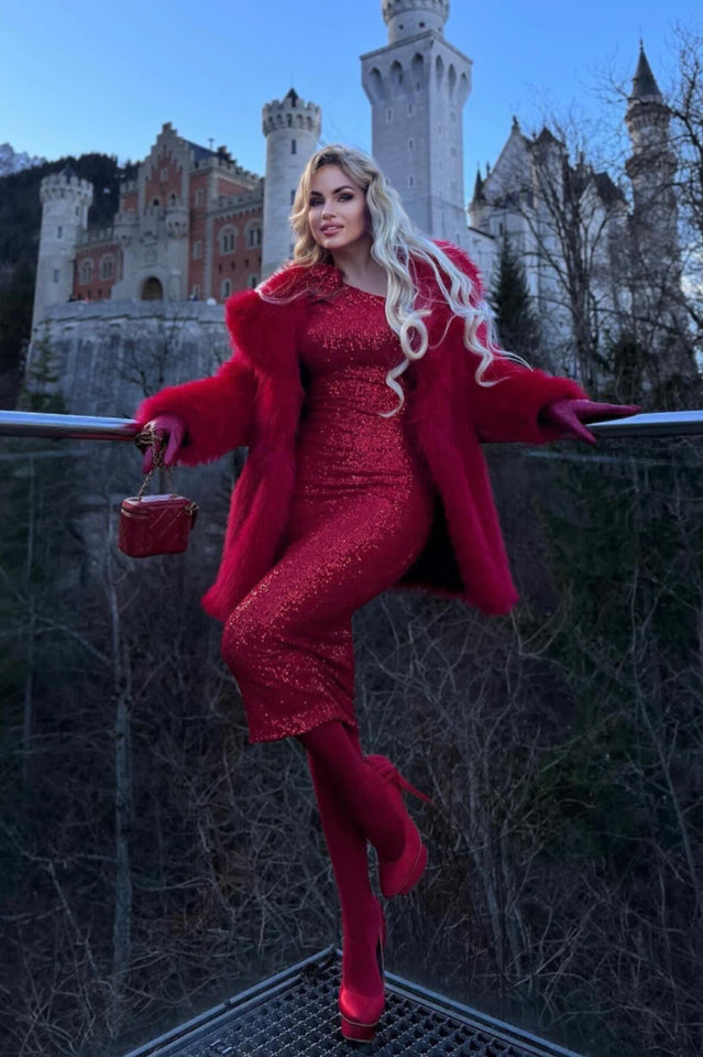 Sequin One Shoulder Long Sleeve Rosette Bodycon Midi Dress - View 9
