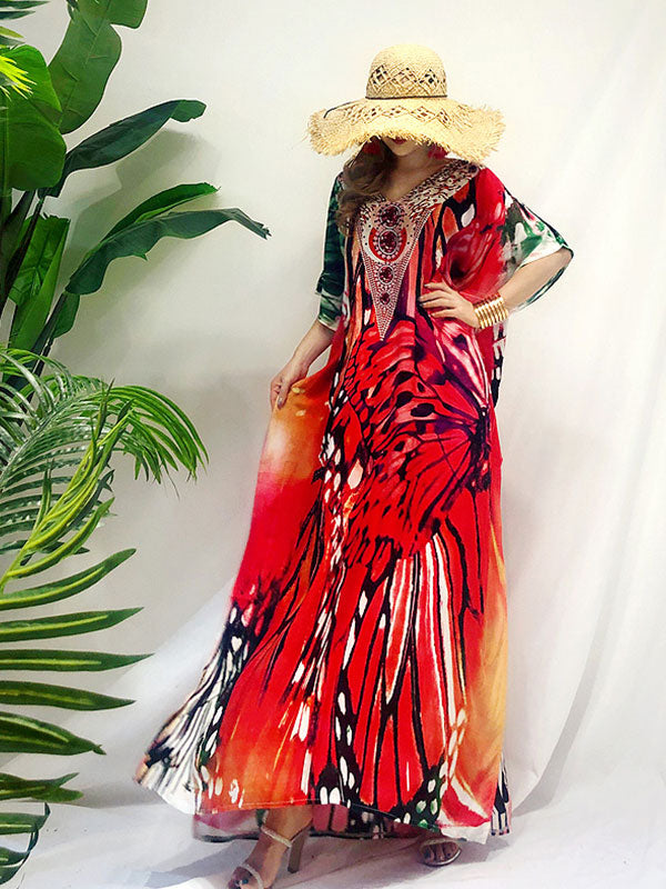 Butterfly Print V-Neck Embellished Short Sleeve Kaftan Maxi Dress 2