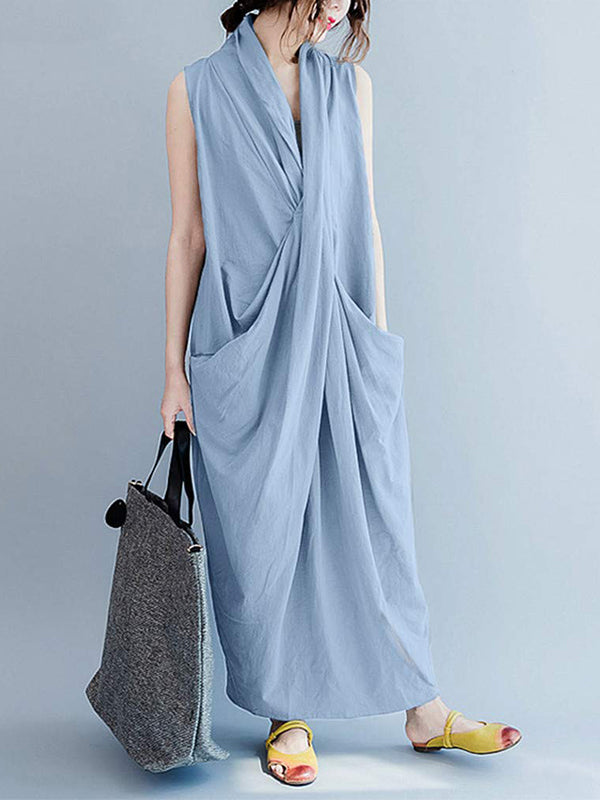 Draped V-Neck Sleeveless Pocket Cocoon Maxi Dress 12