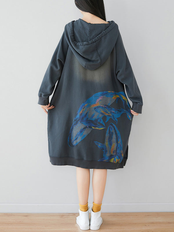 Loose Ethnic Floral Hooded Sweatshirt Dress - Fashionpara