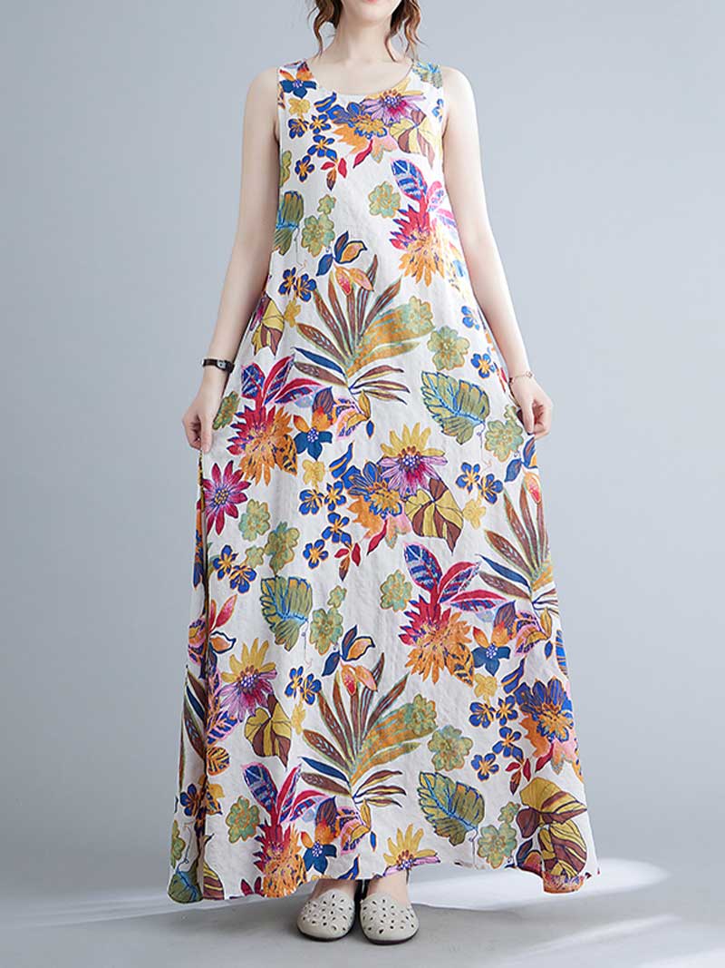 Floral Round Neck Sleeveless A-Line Maxi Dress