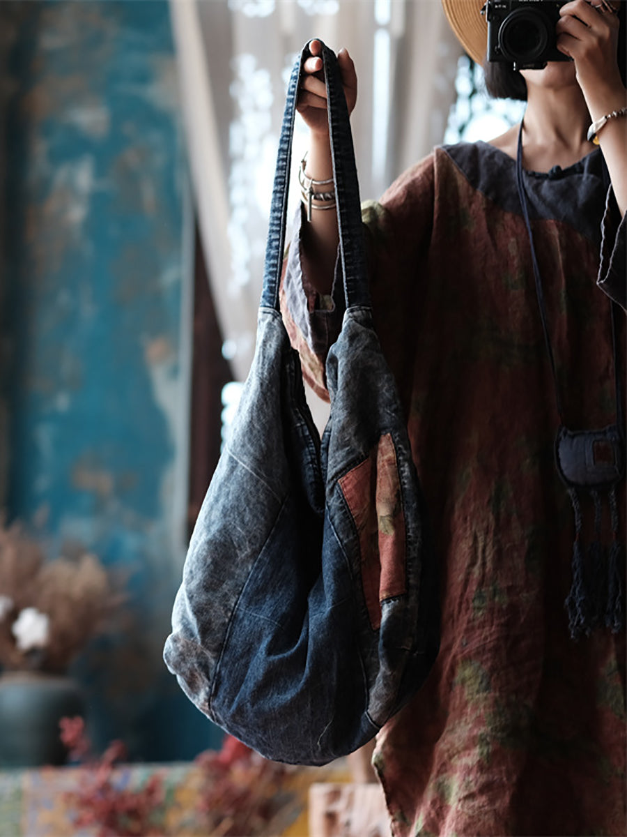 Vintage Denim Spliced Shoulder Bag