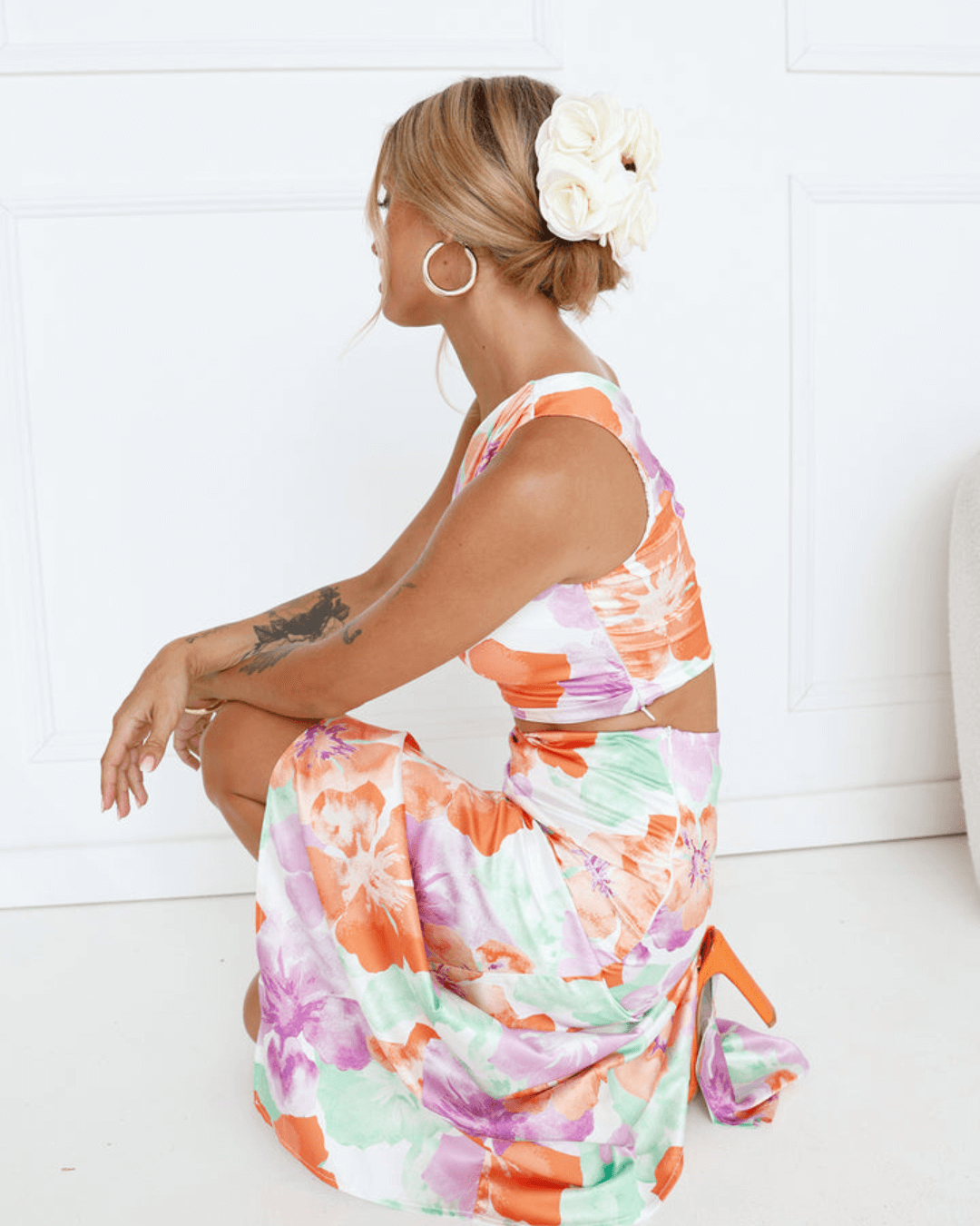 One Shoulder Crop Top and Slit Ruffle Maxi Skirt Set - Fashionpara