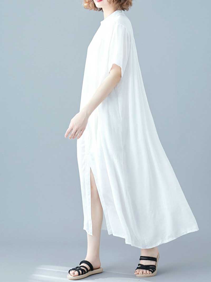 Long Cotton Front Button Cotton Shirt Dress (White - Black - Grey- Apricot) - Fashionpara
