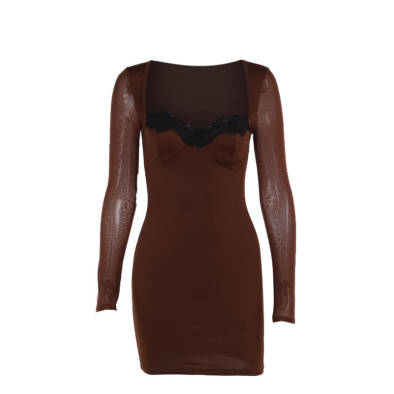 Mesh Long Sleeve Lace Trim Bustier Bodycon Mini Dress 12