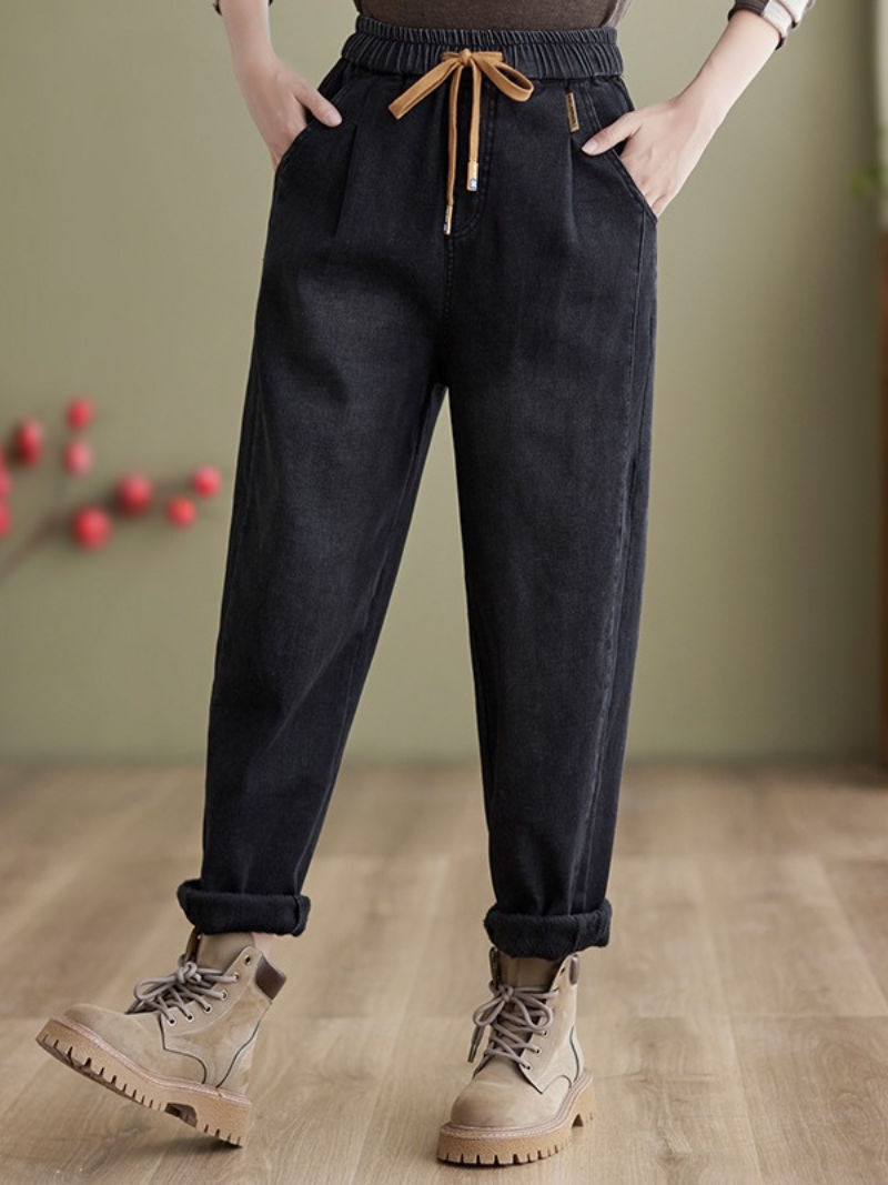 Winter Velvet Thickened Jeans Elastic waist Tied Harem Pants - Fashionpara