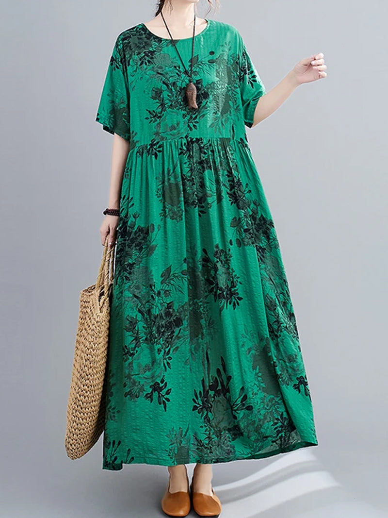 Floral Print Round Neck Short Sleeve Smock Maxi Dress 12