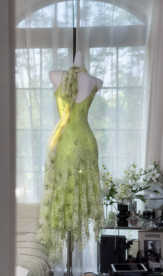 Classy Spaghetti Straps Light Green Chiffon Beaded Mermaid Evening Dress Long Party Dress D1377
