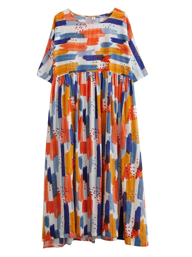 Abstract Print Round Neck Short Sleeve Smock Maxi Dress 5