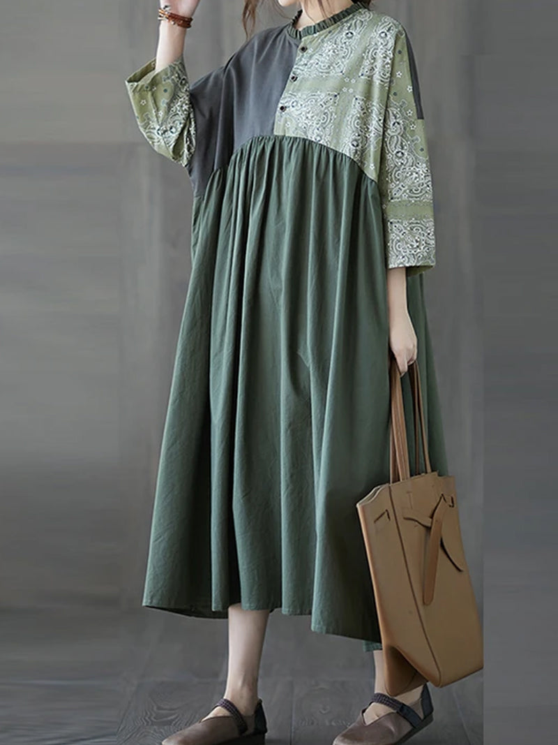 Paisley Patchwork Stand Collar Pleated Smock Midi Dress 3