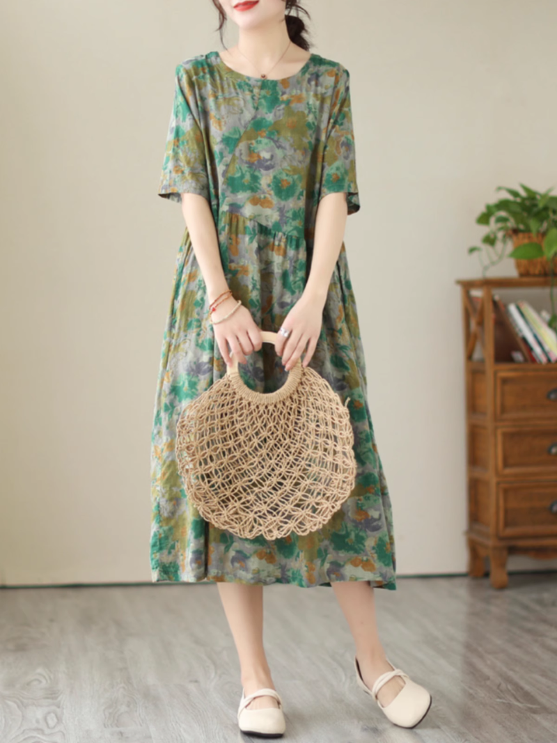 Comfy & Cool Loose Green Flower Midi Dress - Fashionpara