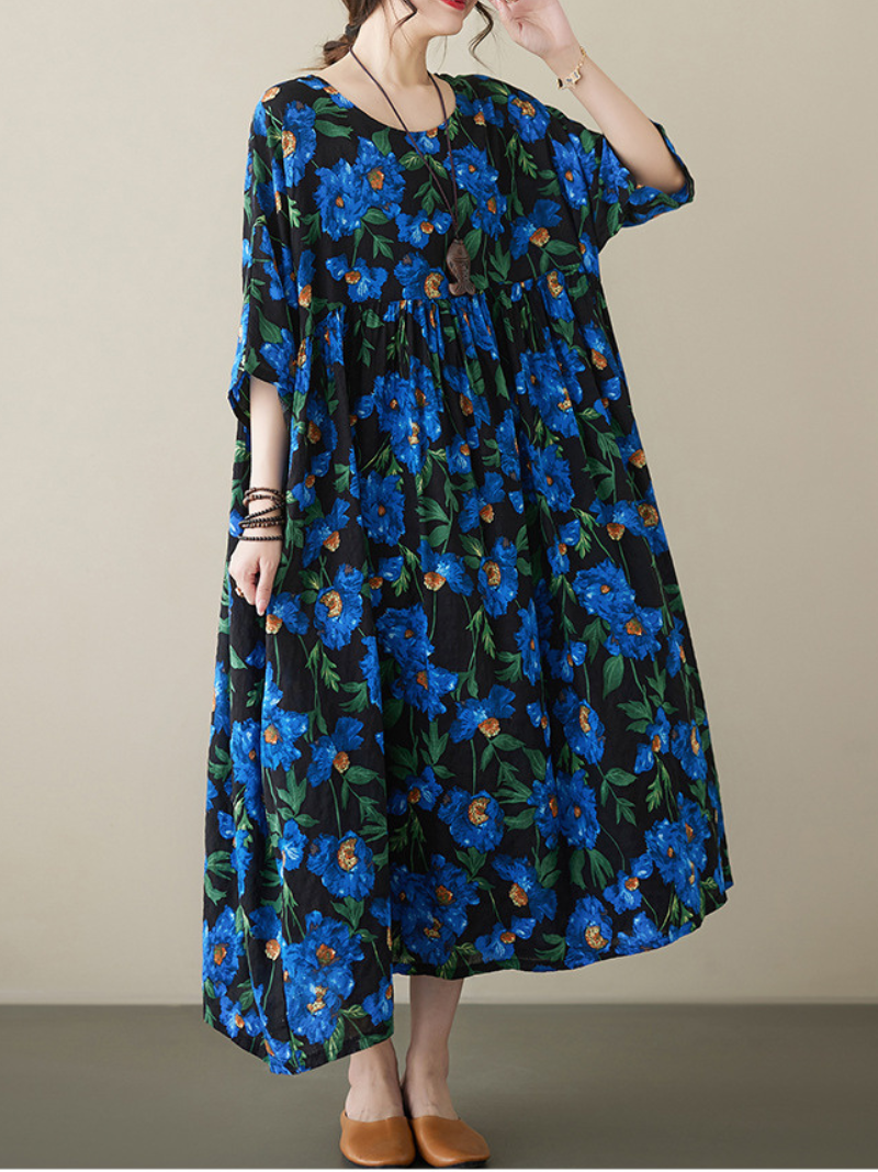 Ditsy Floral Round Neck Long Sleeve Tiered Smock Midi Dress