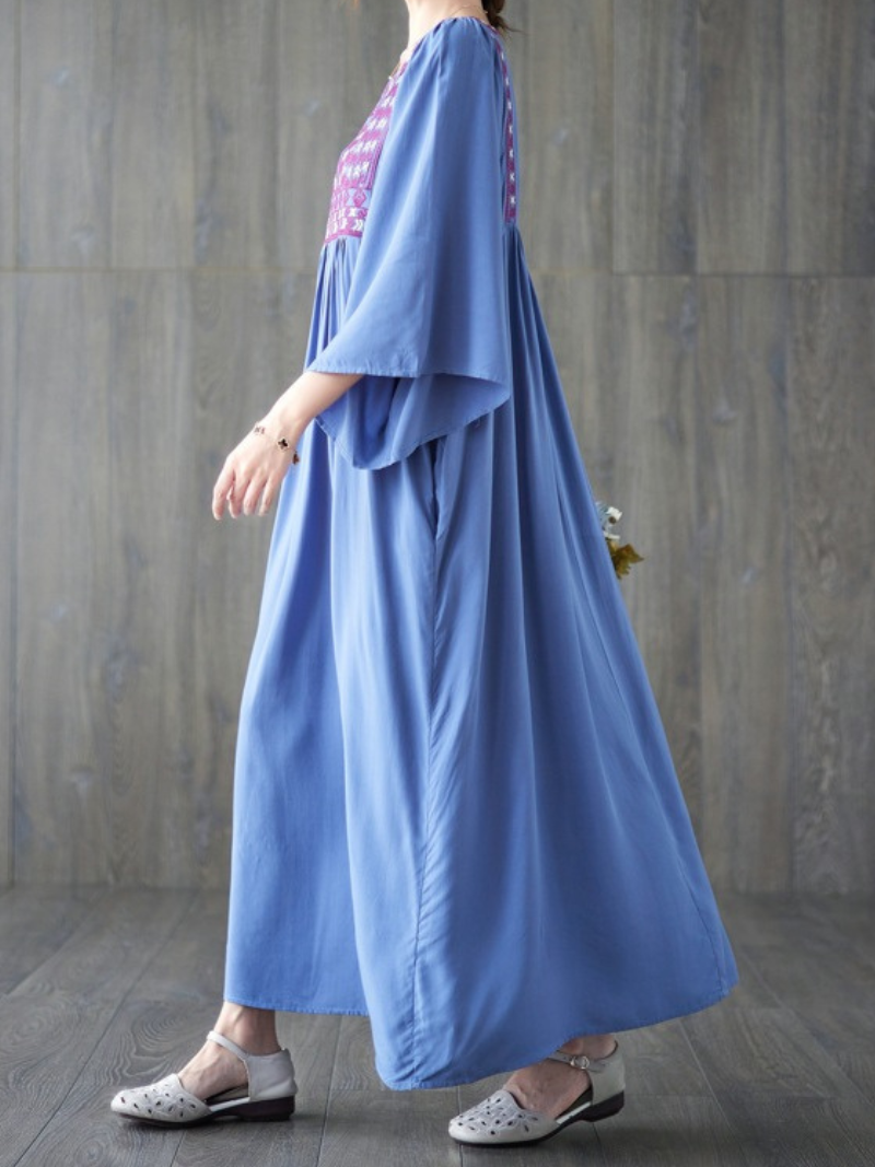 Embroidered Yoke Split-Neck Flared Sleeve Pleated Maxi Dress 4