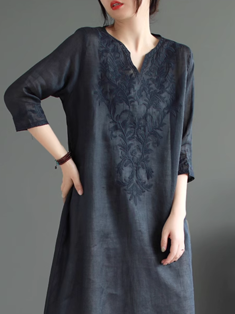 Embroidered Linen Notch-Neck Long-Sleeve Shift Midi Dress 5