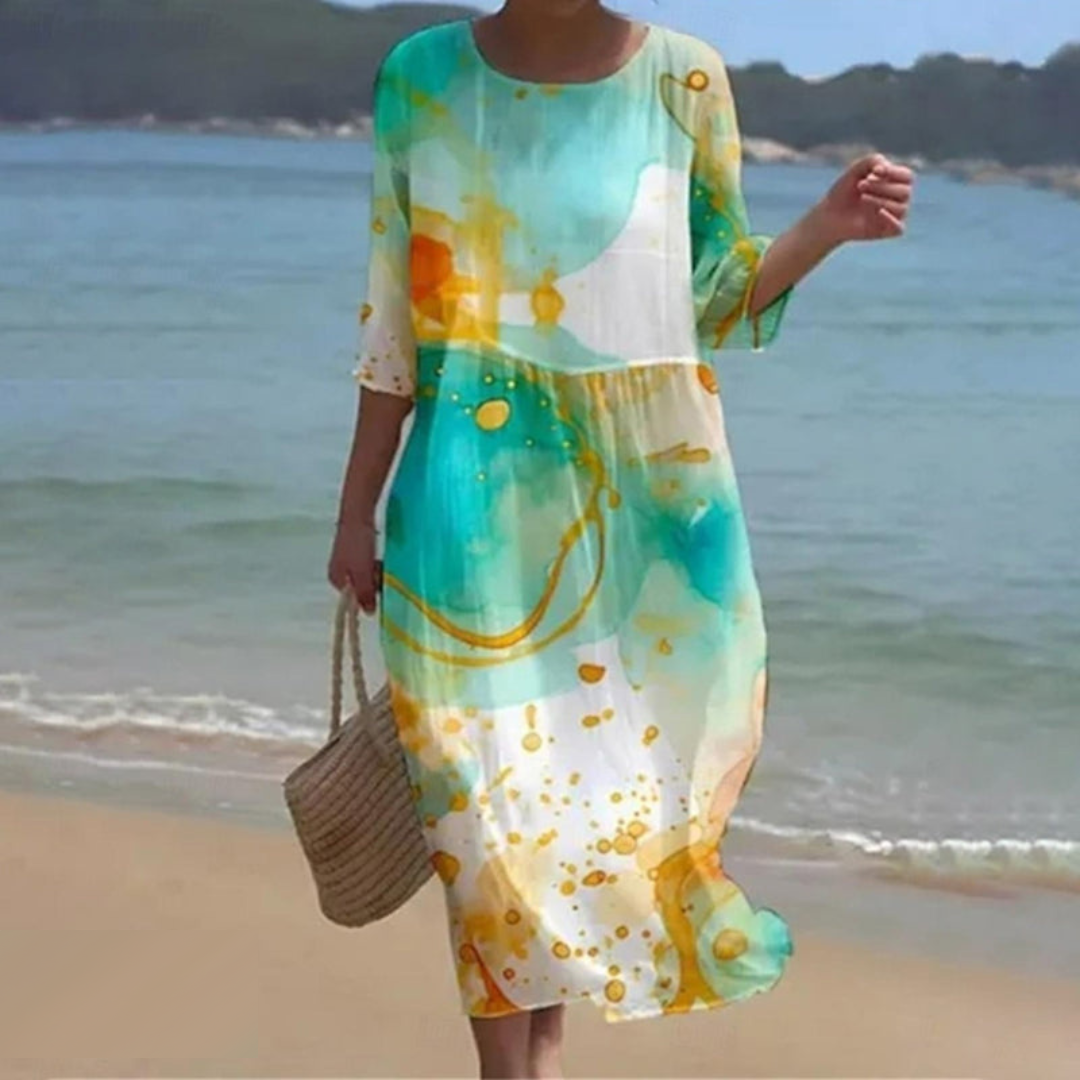 Floral Round Neck Half Sleeve Shift Summer Midi Dress - View 8