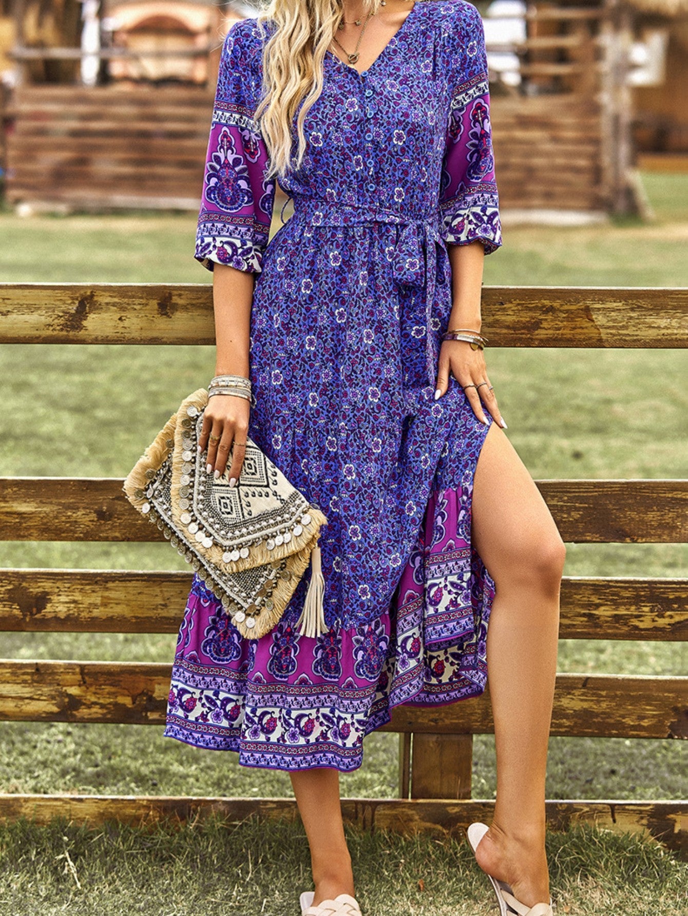 Pink A Line Floral Long Boho Dress - Fashionpara